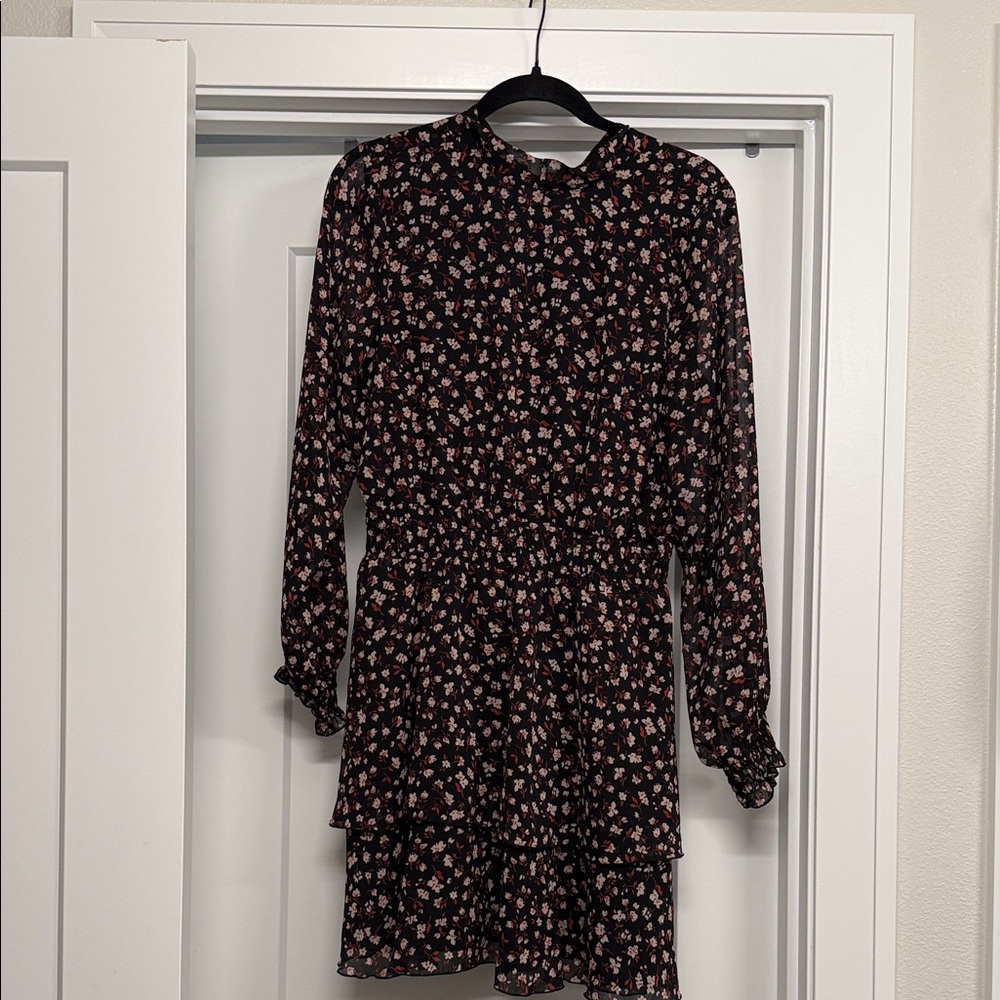 Black Floral Long-Sleeve Ruffle Tiered Mini Dress